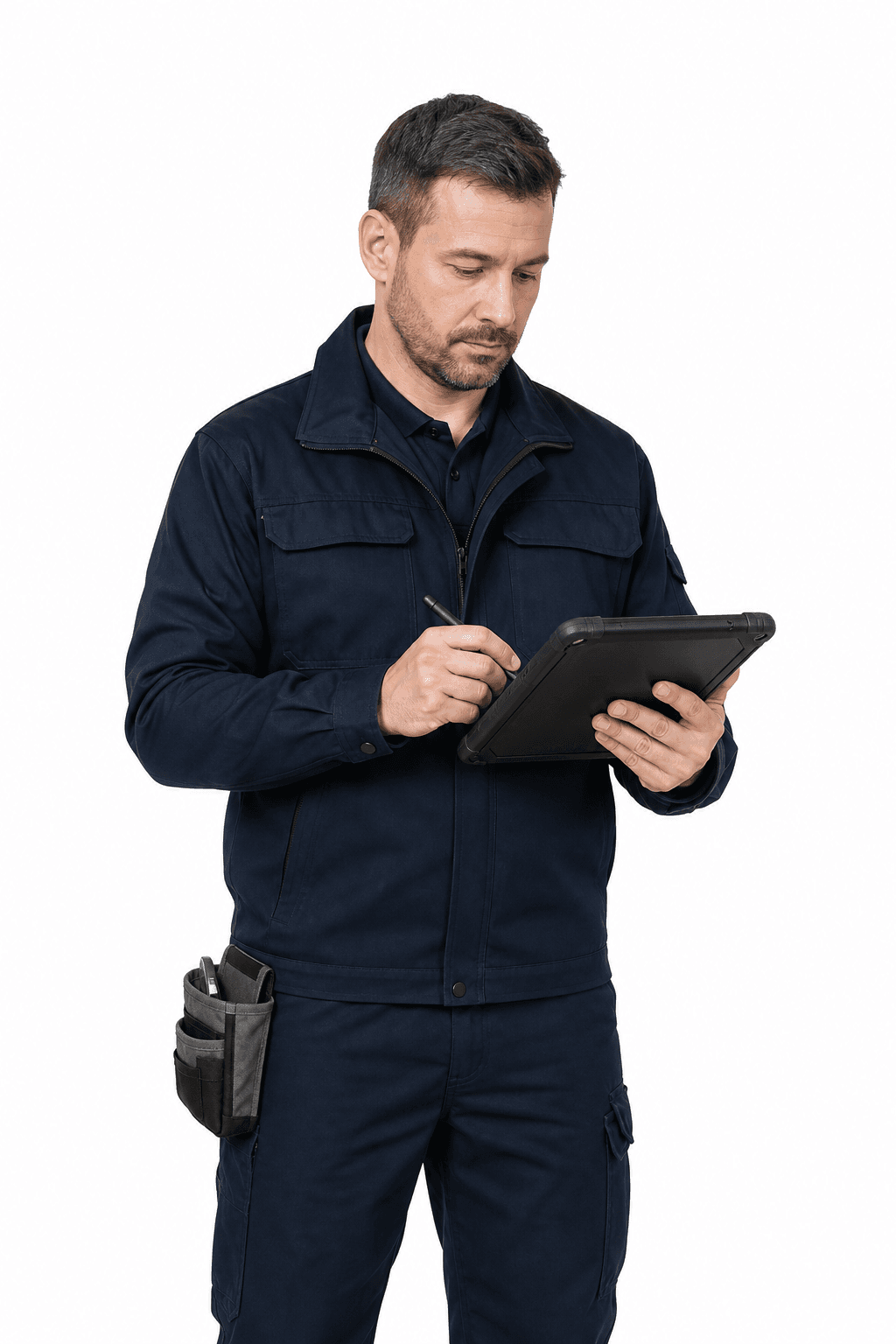 Servicetechniker dokumentiert einen Bericht auf einem Tablet